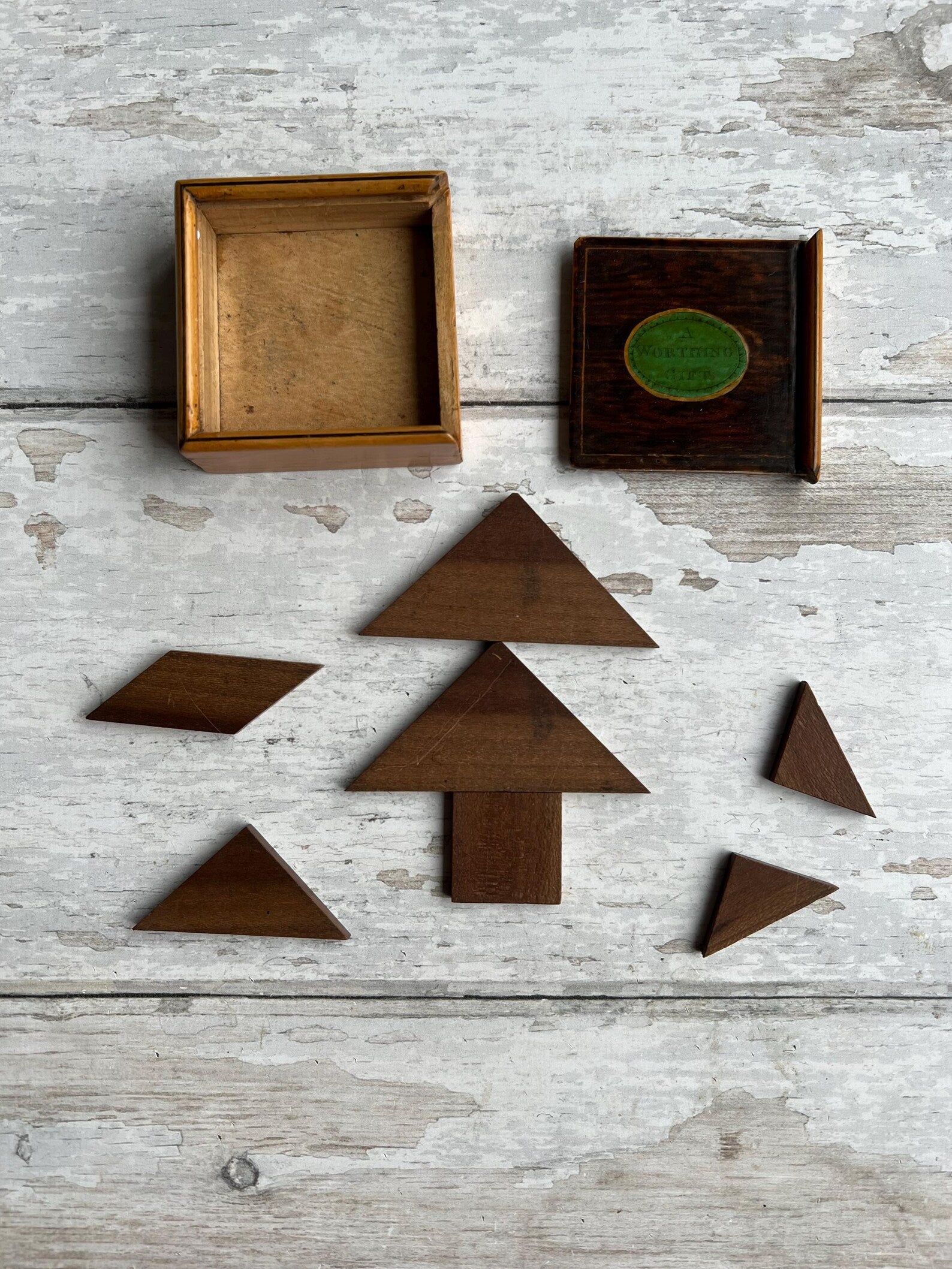 RARE 19th Century Tangram Puzzle Whitewood Tunbridge Ware A Worthing Gift C 1820