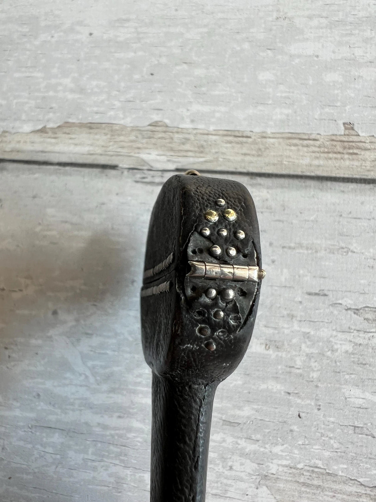 Georgian Leather Sewing Scissor Case and Scissors Black Shagreen Clouté Decoration Circa 1730 AF