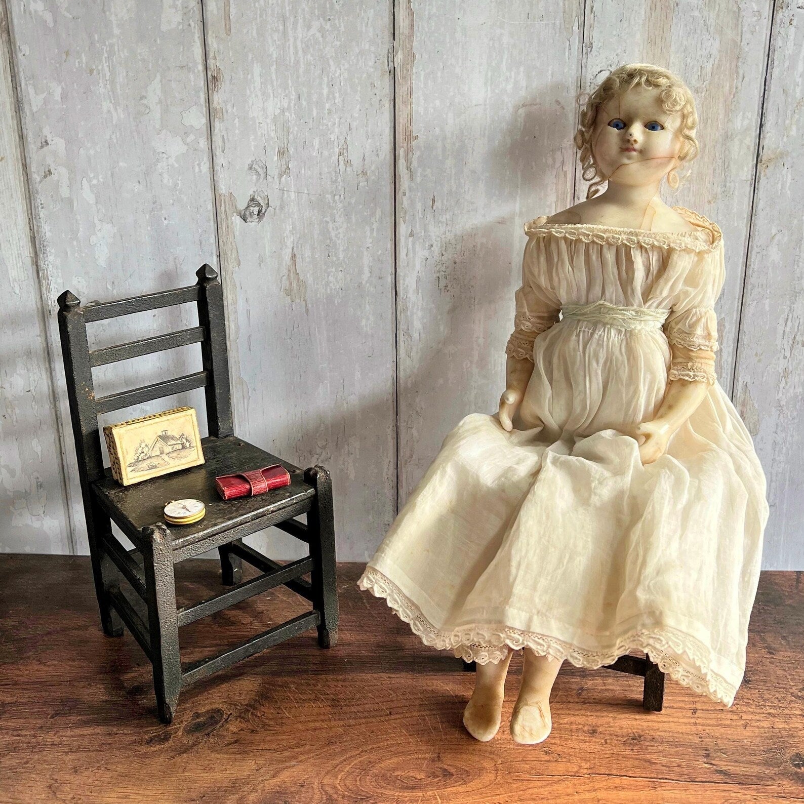Antique English Dolls Chair Primitive Folk Art Chair Dry Patina C 1820