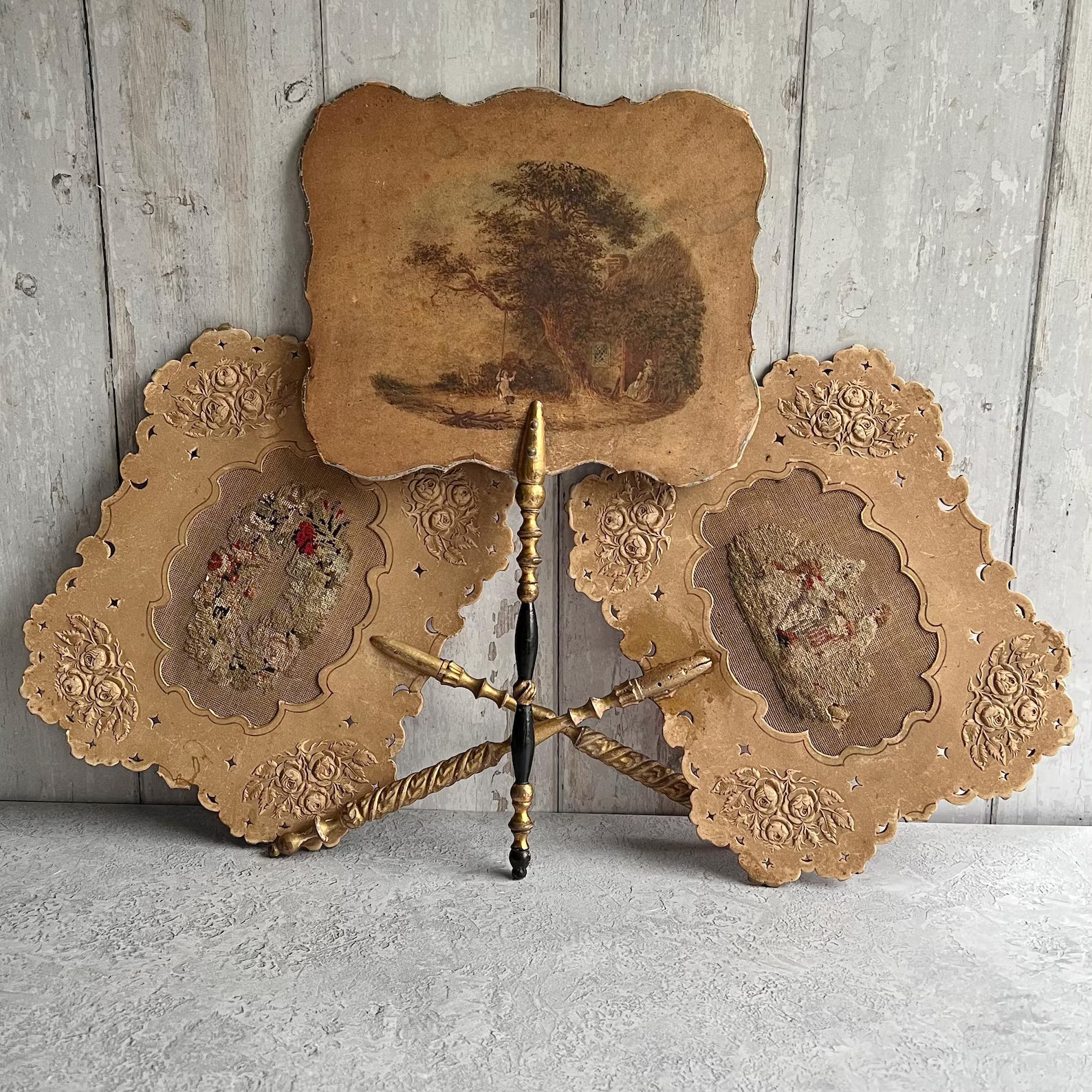 Antique Georgian Face Screen Hand Painted Cottage Scene Lady Sewing English C 1825
