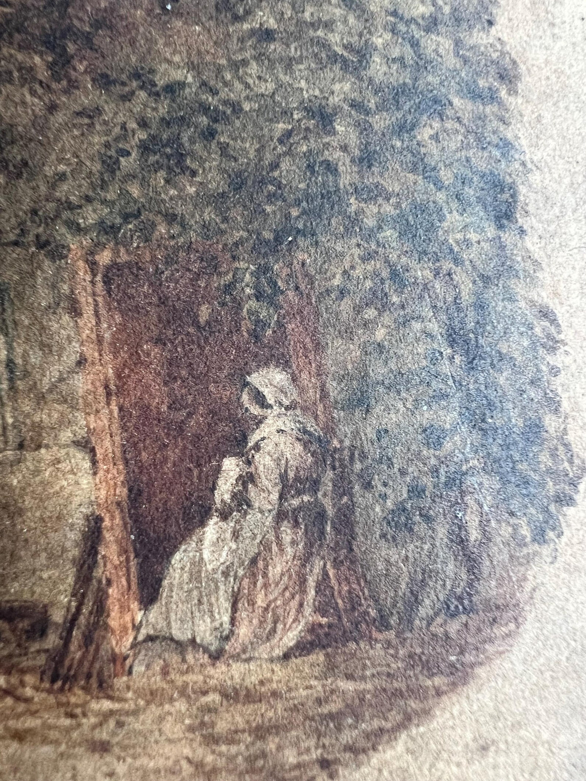 Antique Georgian Face Screen Hand Painted Cottage Scene Lady Sewing English C 1825