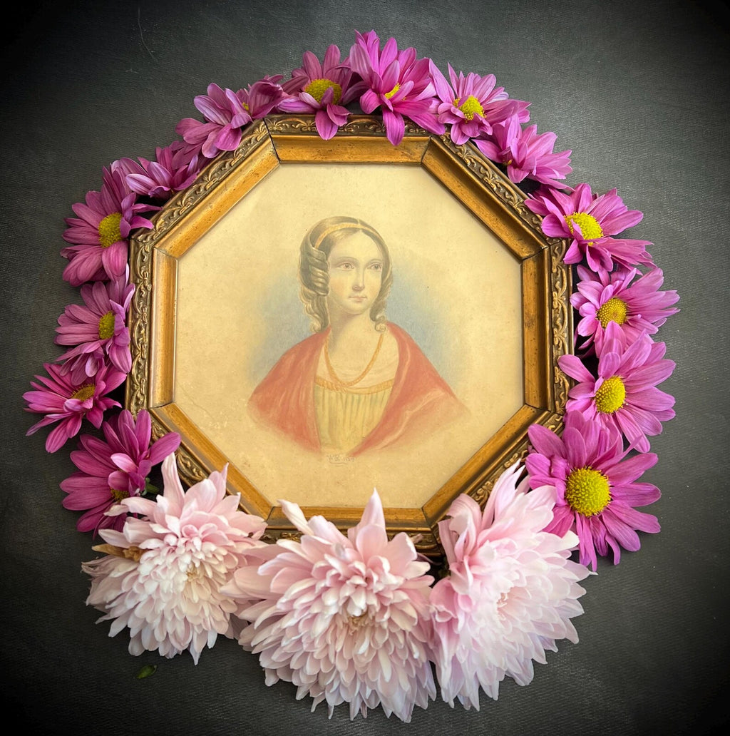Antique 19th Century Portrait Painting Of A Lady Red Shawl Octagonal Frame Circa 1840s