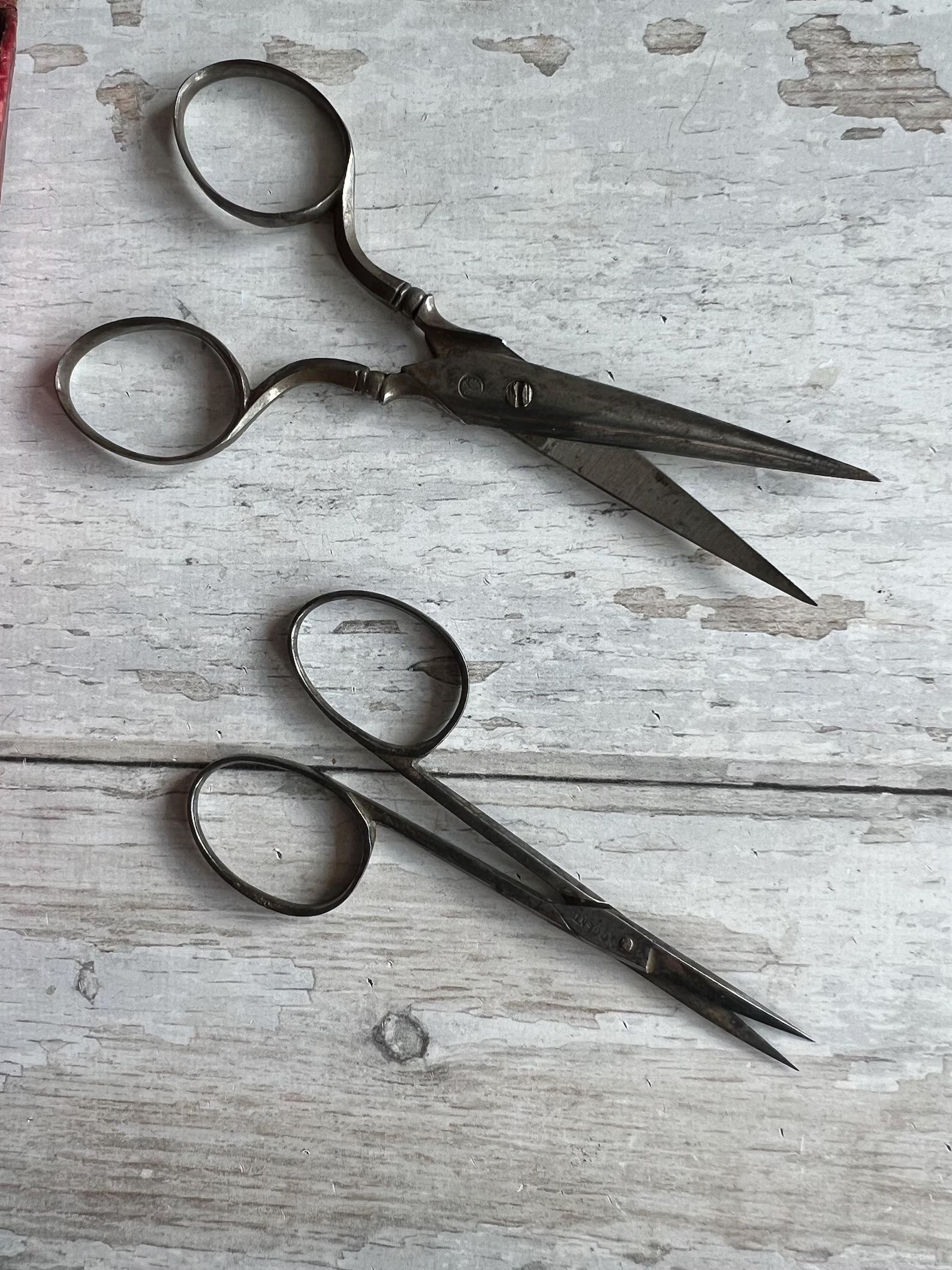 19th Century Scissor Case and Scissors Gilt Tooled Red Leather Circa 1840 AF