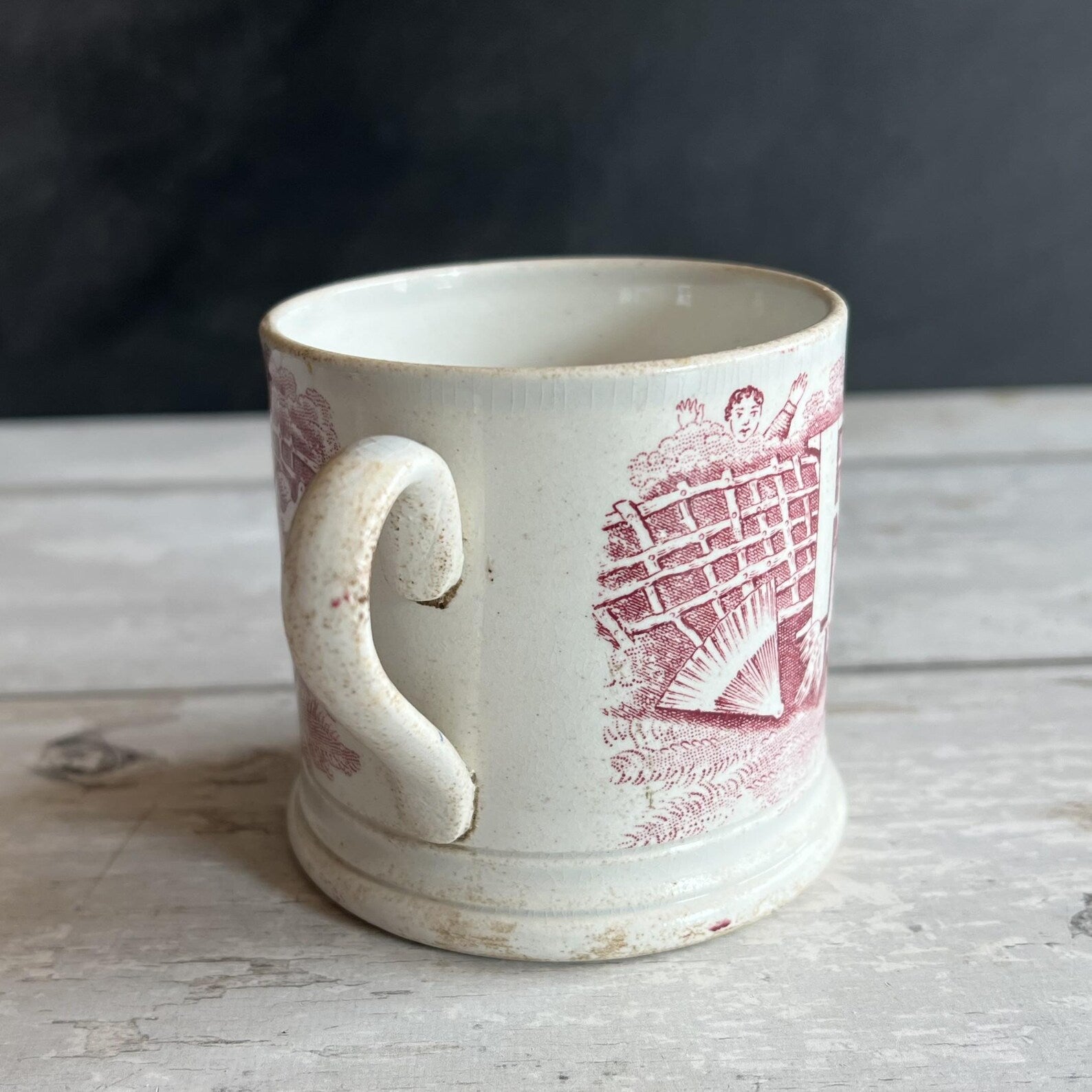 Antique Alphabet Mug F Is For Fox C 1850 Red Transferware Pearlware