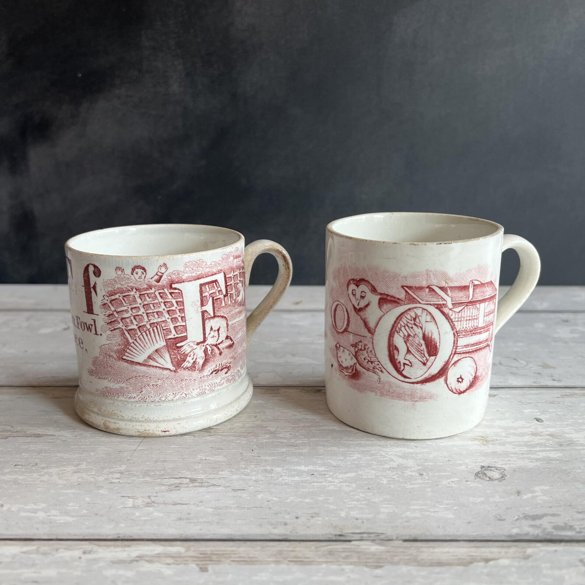 Antique Alphabet Mug F Is For Fox C 1850 Red Transferware Pearlware