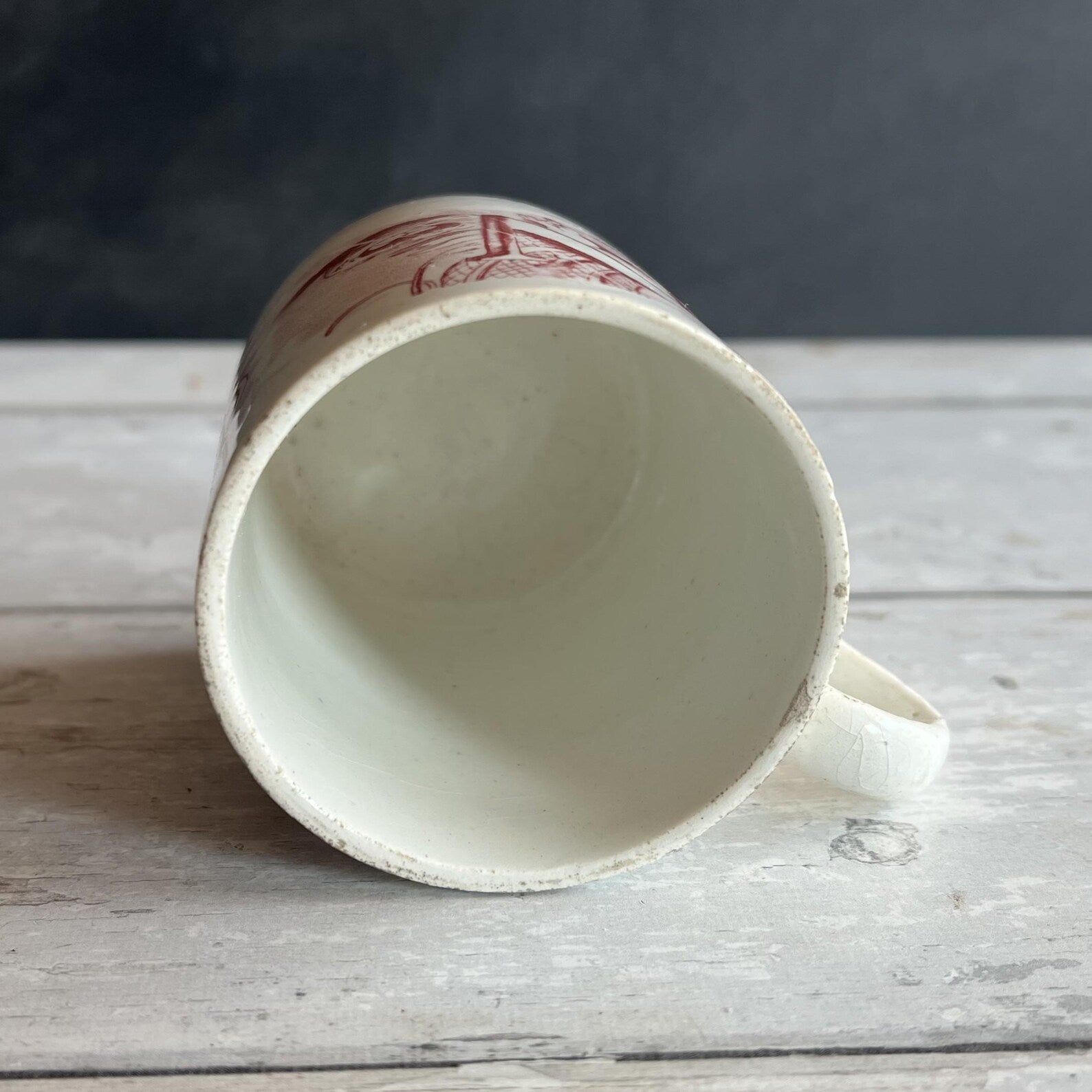 Antique 1850s Childs Alphabet Mug Red Transferware Owl & Nest