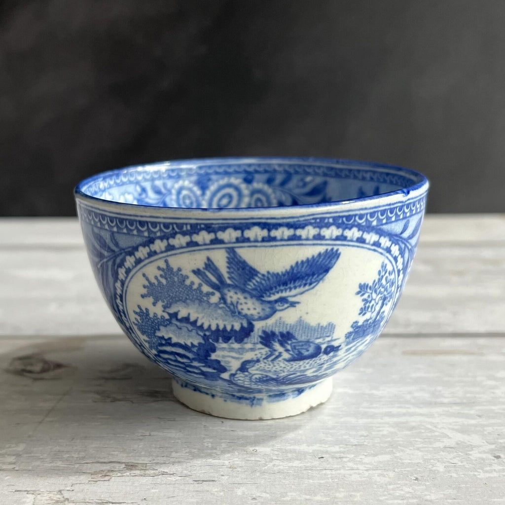 Antique 1820s English Pearlware Tea Bowl and Saucer, Blue Willow Bird Design