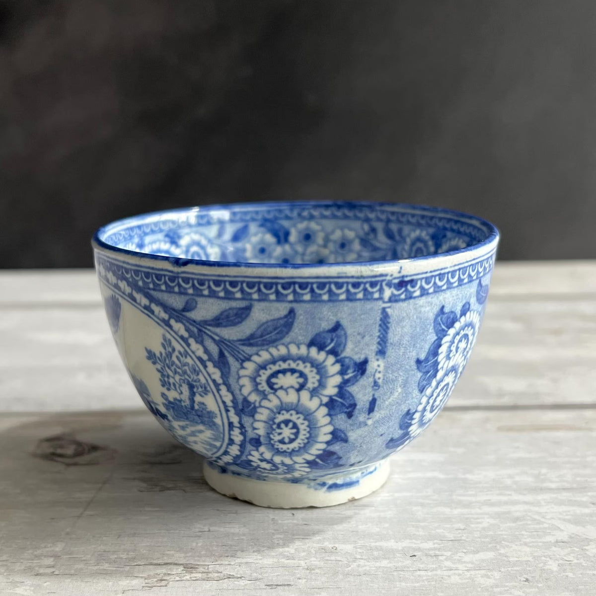 Antique 1820s English Pearlware Tea Bowl and Saucer, Blue Willow Bird Design