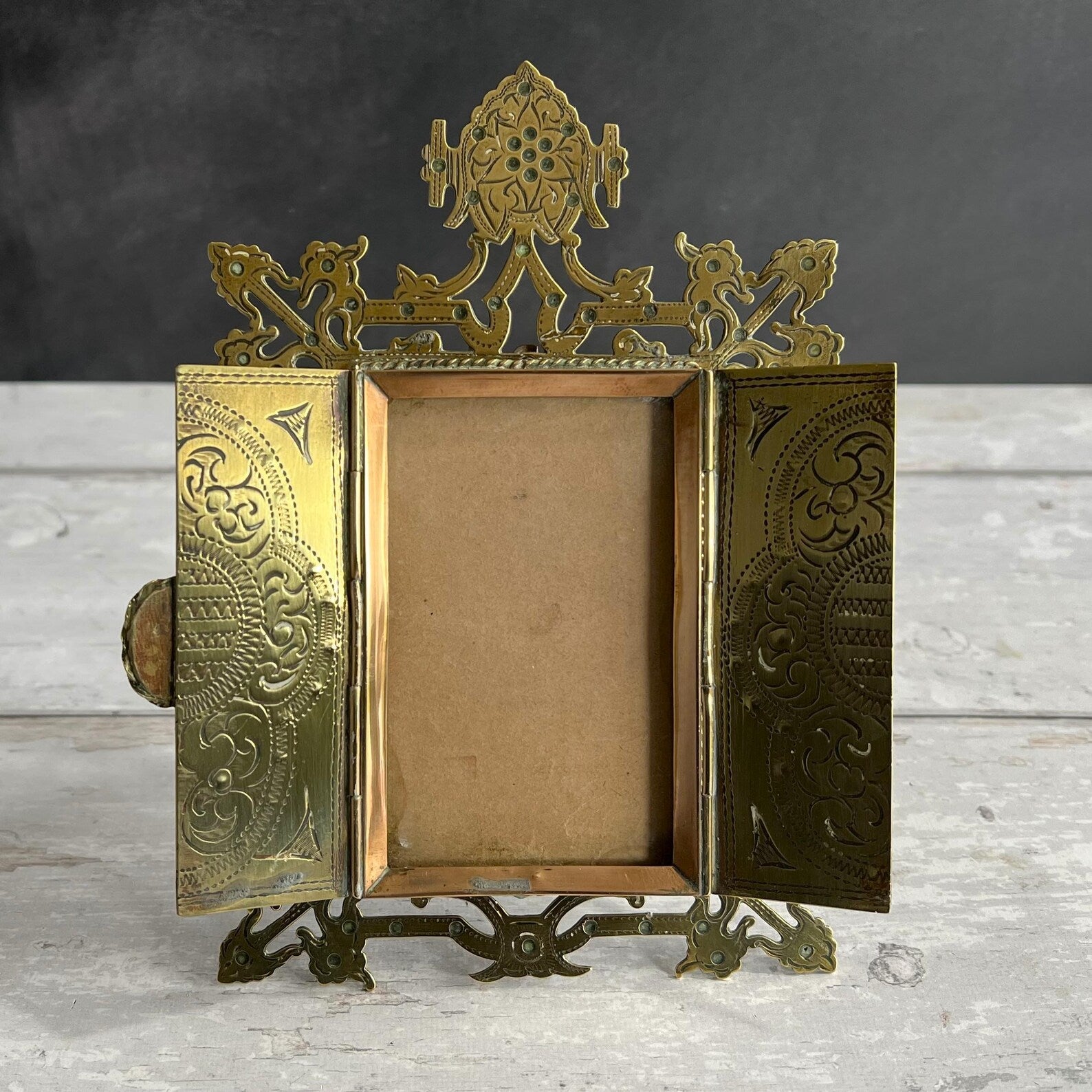 Victorian Gothic Revival Brass Cabochon Photograph Frame Circa 1880 AF