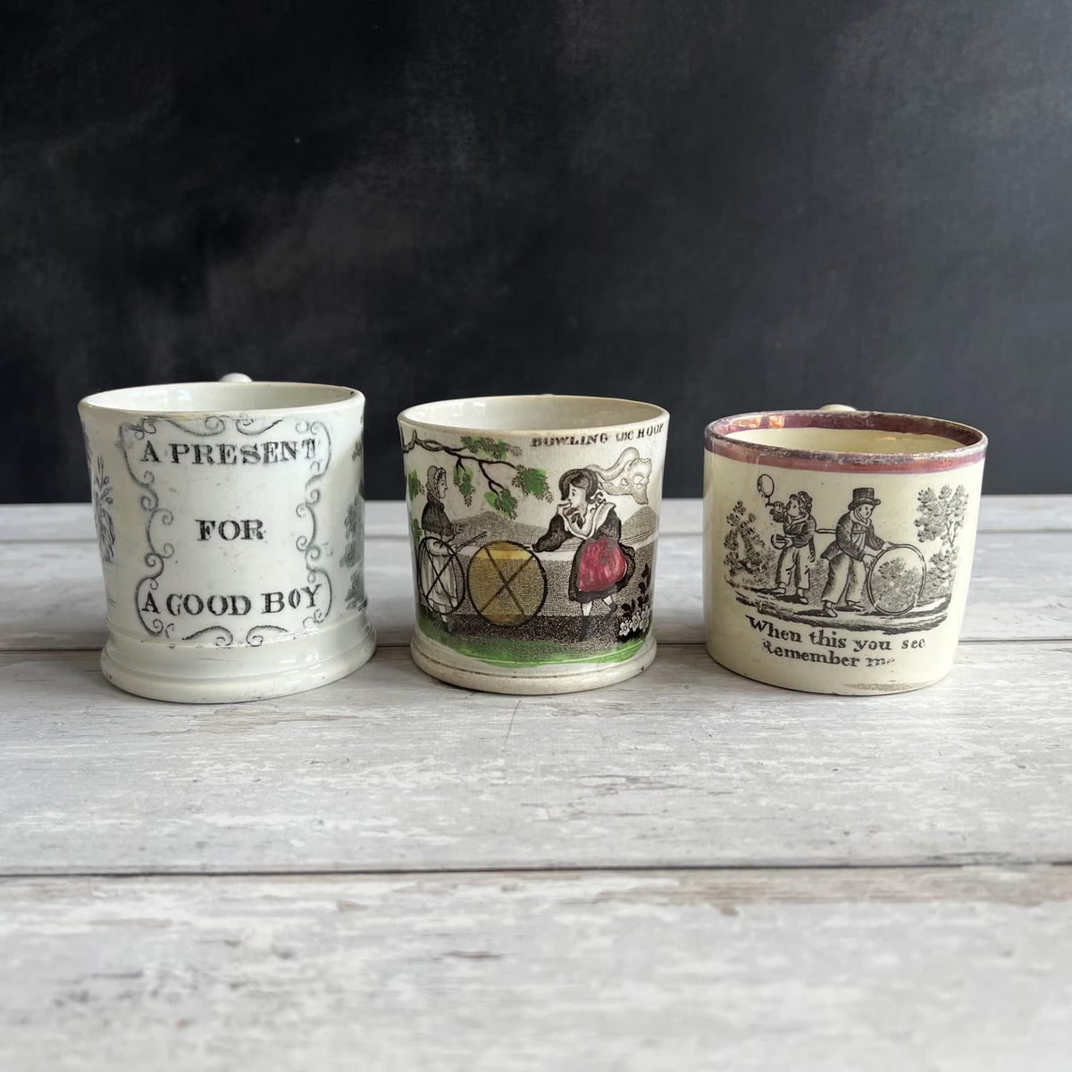 19th Century Rare Childs Mug Bowling The Hoop Childhood Game English C 1840