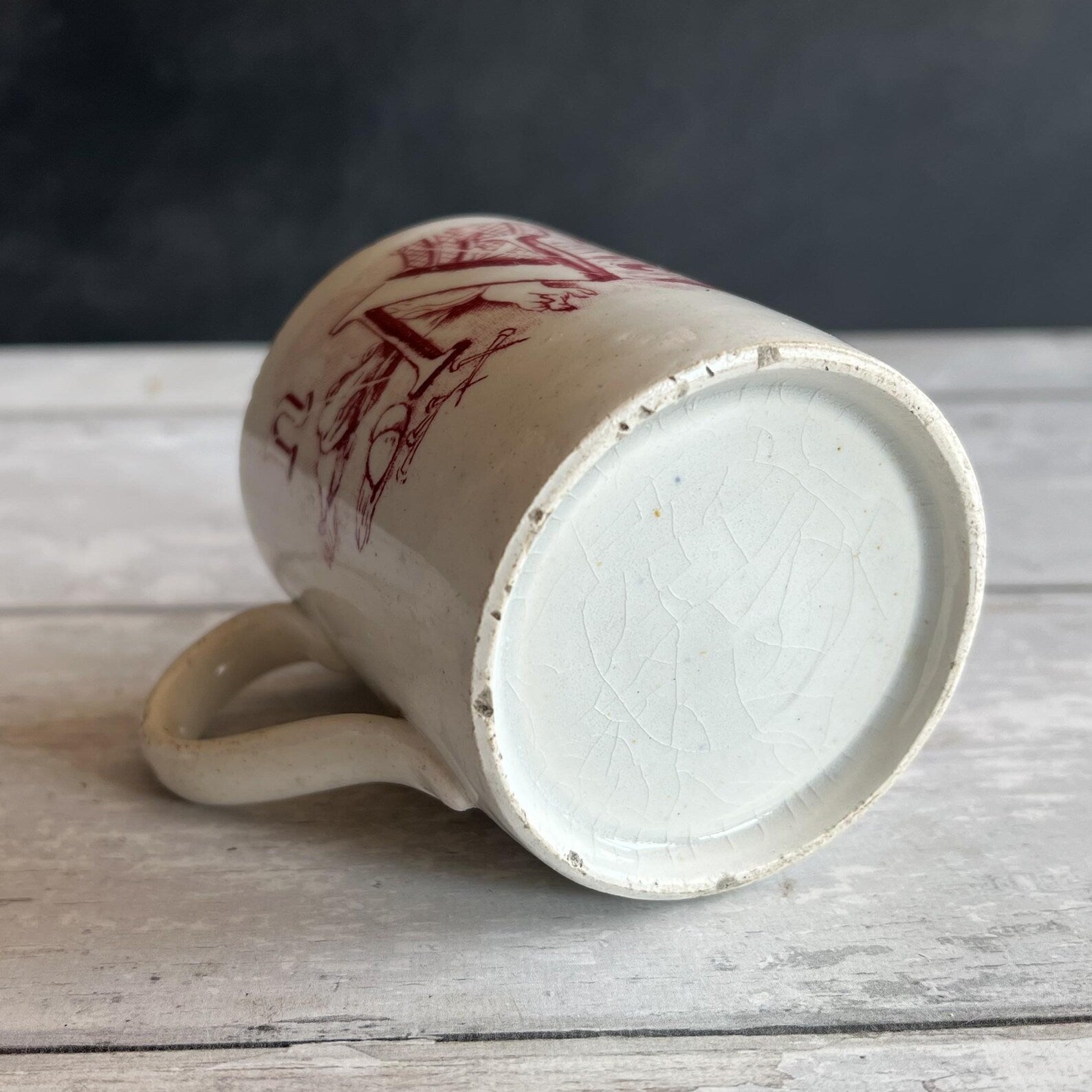 Antique 1850s Childs Alphabet Mug Red Transferware Owl & Nest
