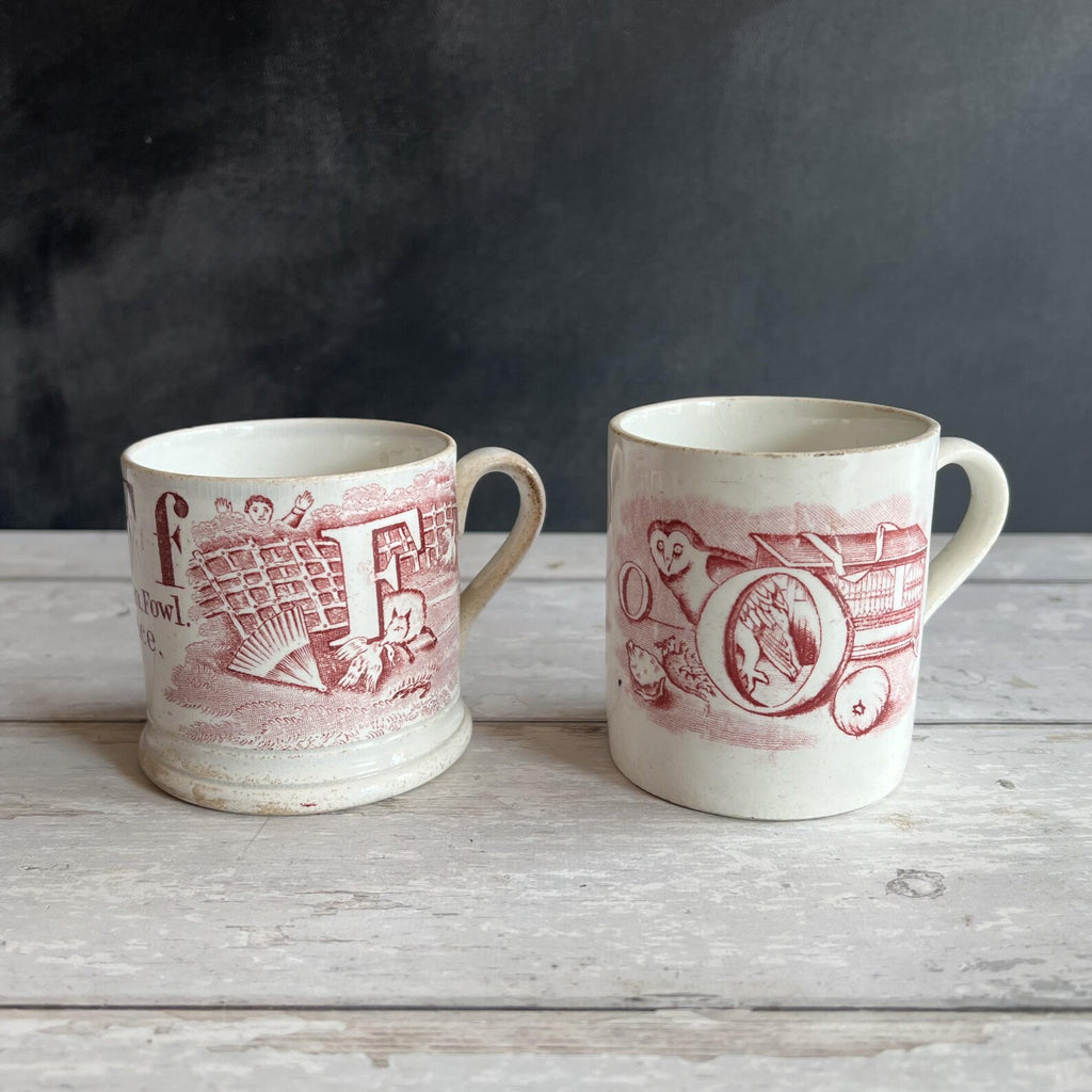 Antique 1850s Childs Alphabet Mug Red Transferware Owl & Nest