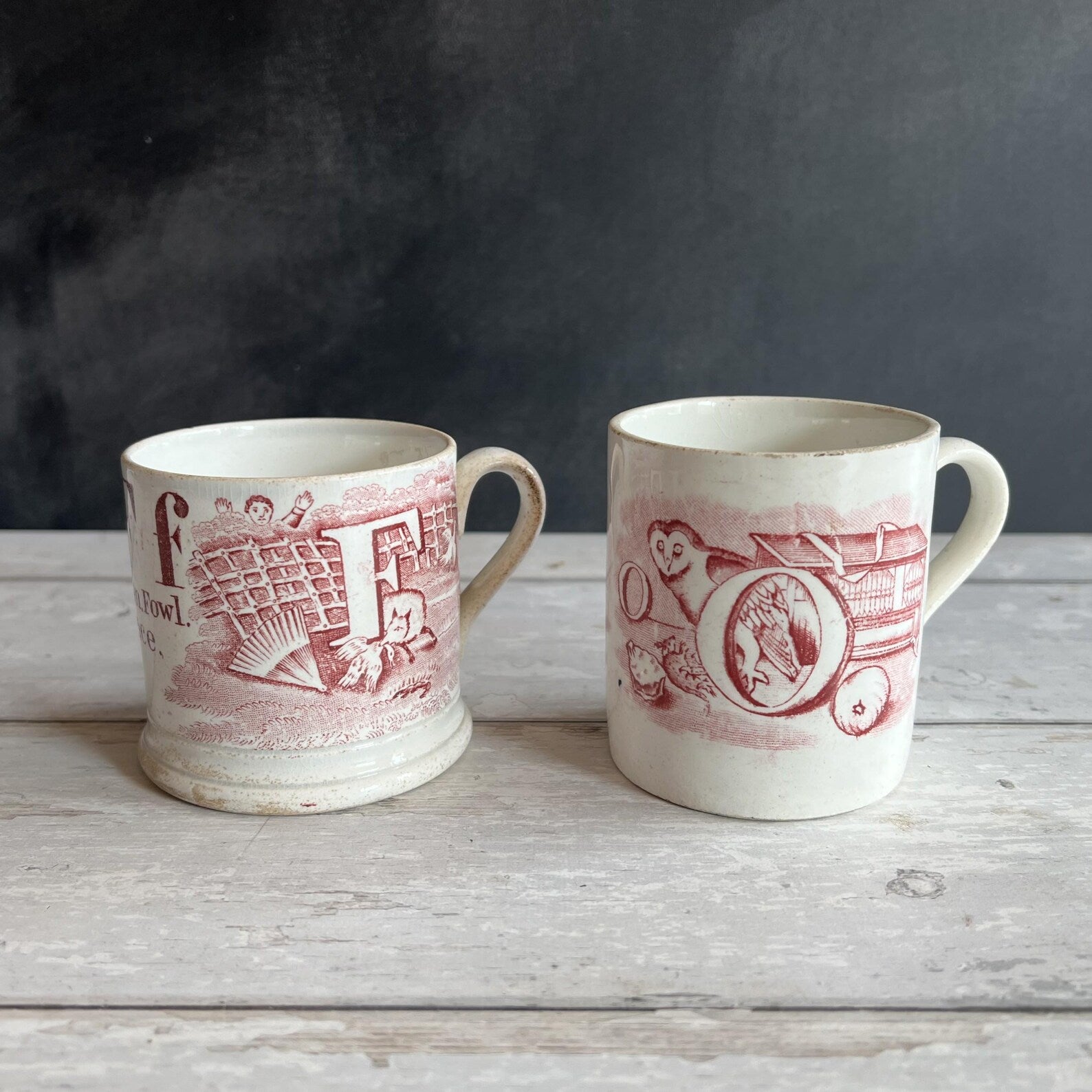 Antique 1850s Childs Alphabet Mug Red Transferware Owl & Nest