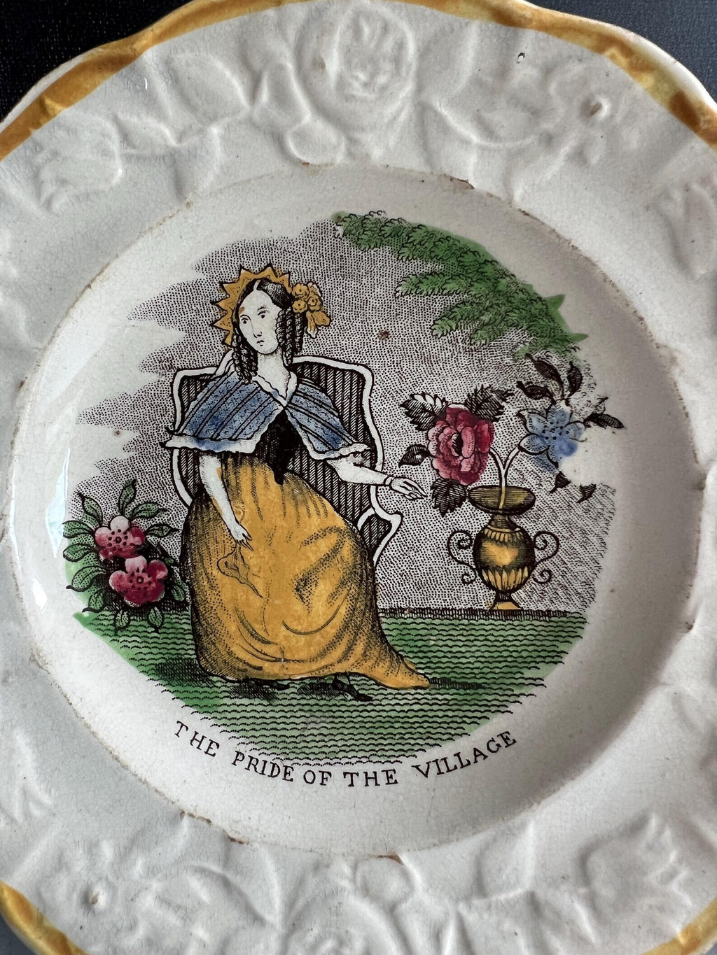 Rare Childrens Plate Pride Of The Village Floral Girl Gardening Nurseryware English C 1830