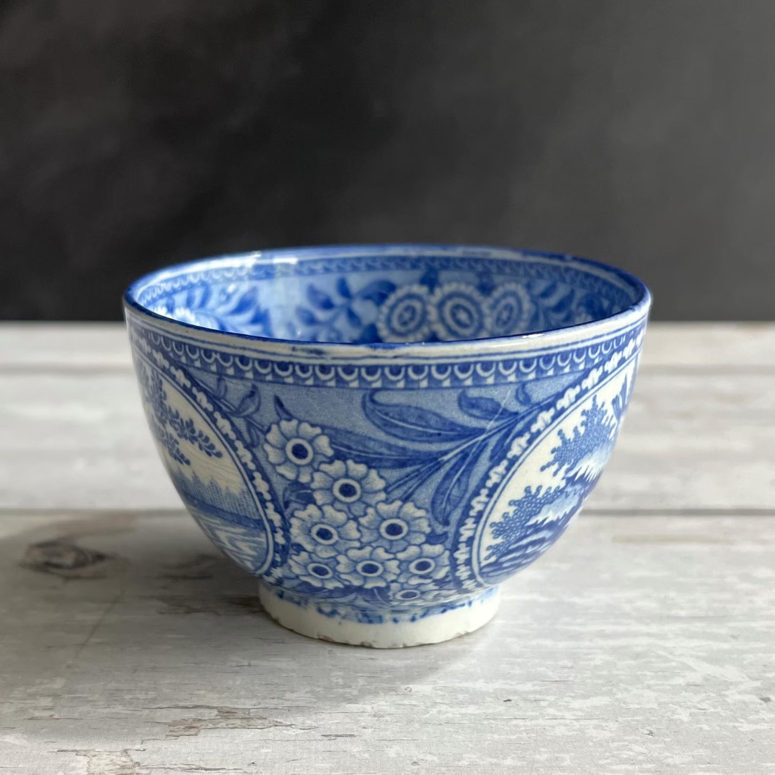 Antique 1820s English Pearlware Tea Bowl and Saucer, Blue Willow Bird Design