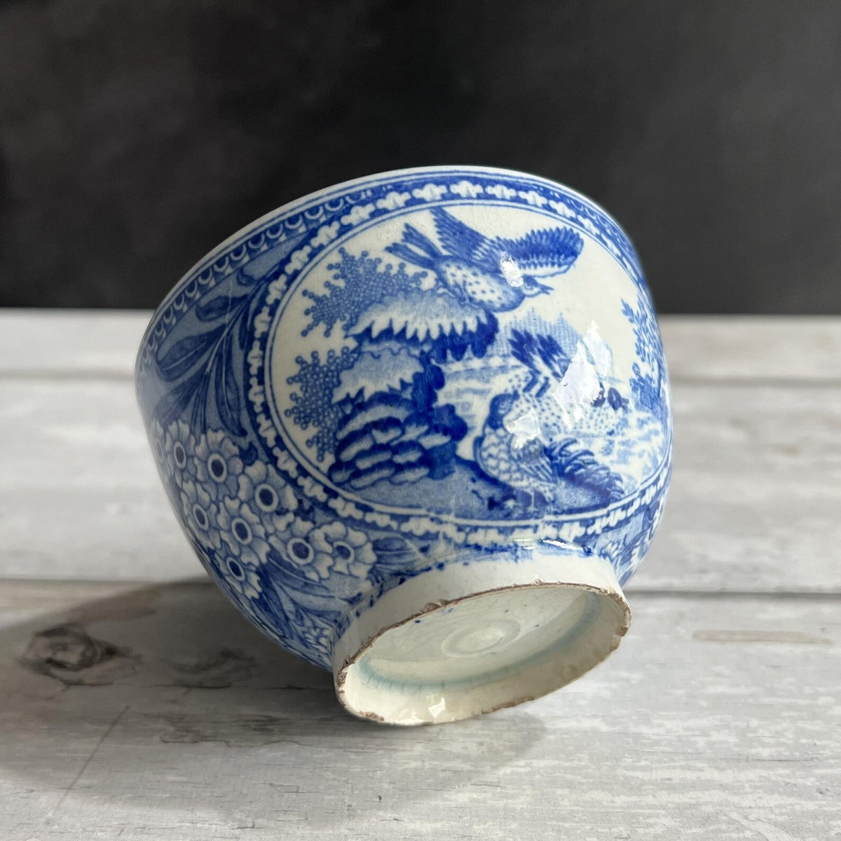 Antique 1820s English Pearlware Tea Bowl and Saucer, Blue Willow Bird Design