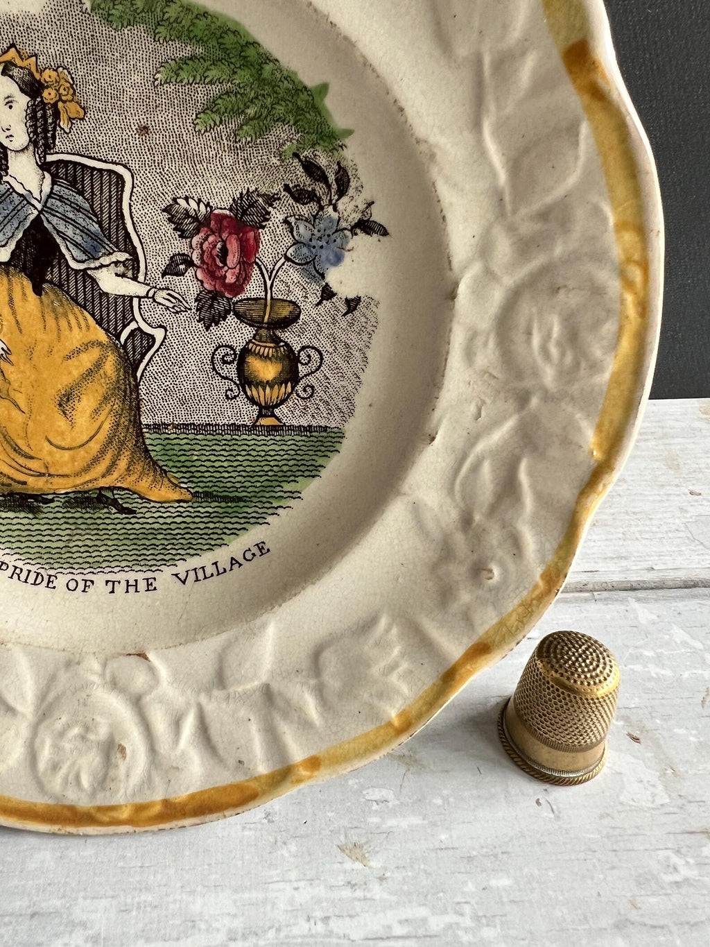 Rare Childrens Plate Pride Of The Village Floral Girl Gardening Nurseryware English C 1830