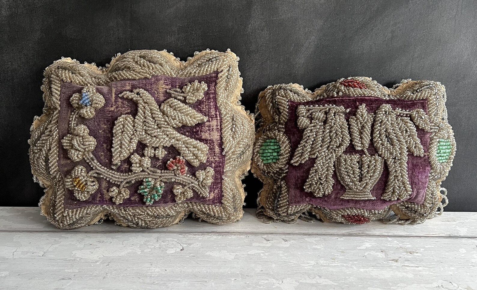 19th Century Iroquois Beadwork Pincushion Love Birds on Velvet