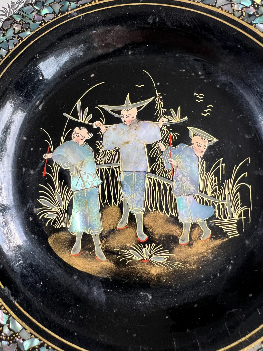 Antique Papier Mache Plates Mother of Pearl Inlaid Chinoiserie Art Nouveau
