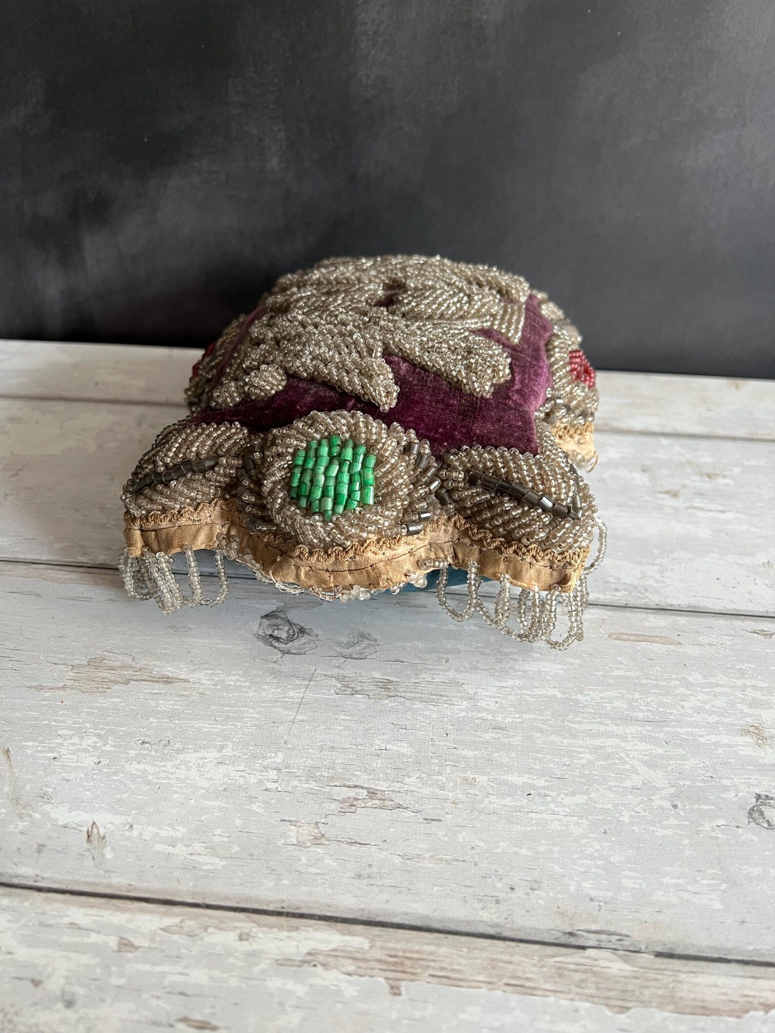 19th Century Iroquois Beadwork Pincushion Love Birds on Velvet