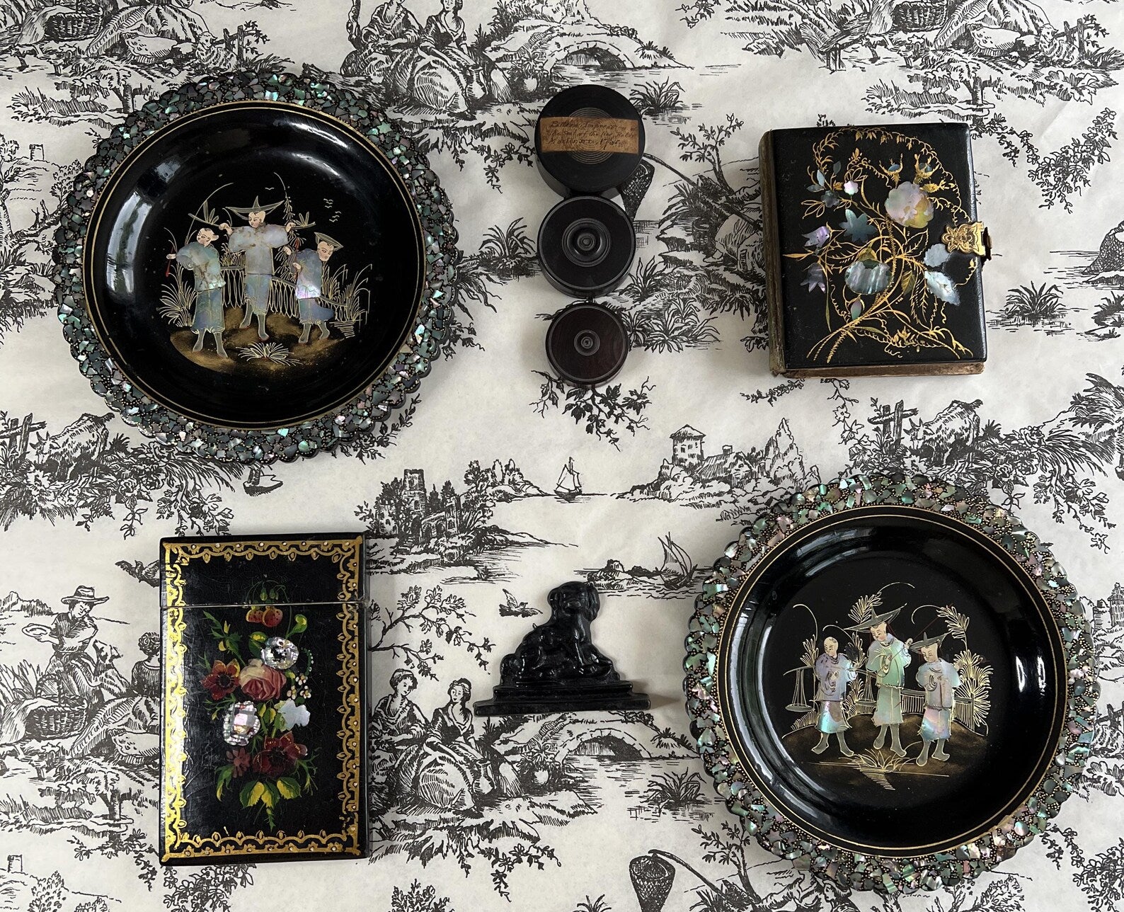 Antique Papier Mache Plates Mother of Pearl Inlaid Chinoiserie Art Nouveau