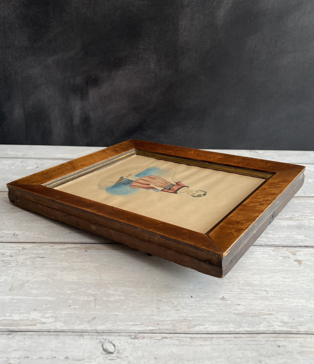 19th Century Folk Art Painting Watercolor Child Tartan Sash and Riding Crop Dated 1843