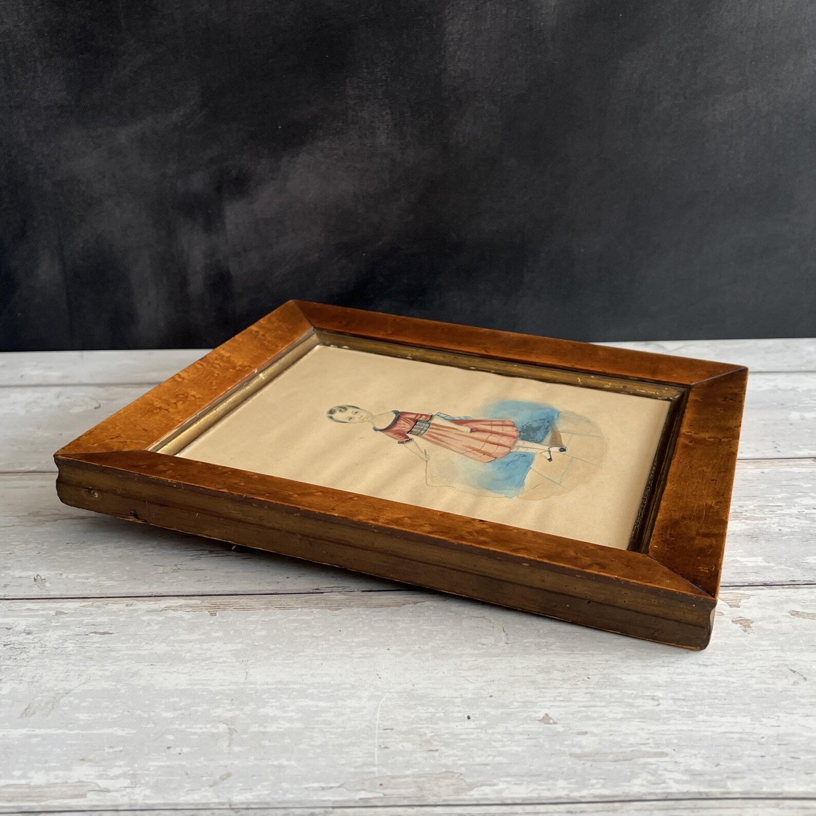 19th Century Folk Art Painting Watercolor Child Tartan Sash and Riding Crop Dated 1843