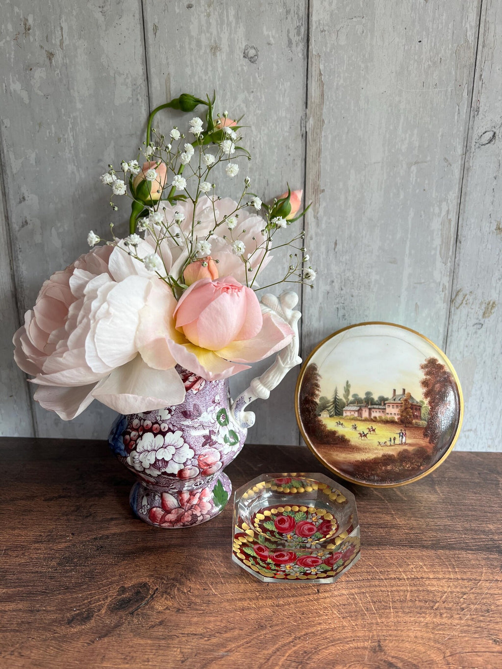 1830s Georgian Porcelain Lidded Box English Country Scene & Floral