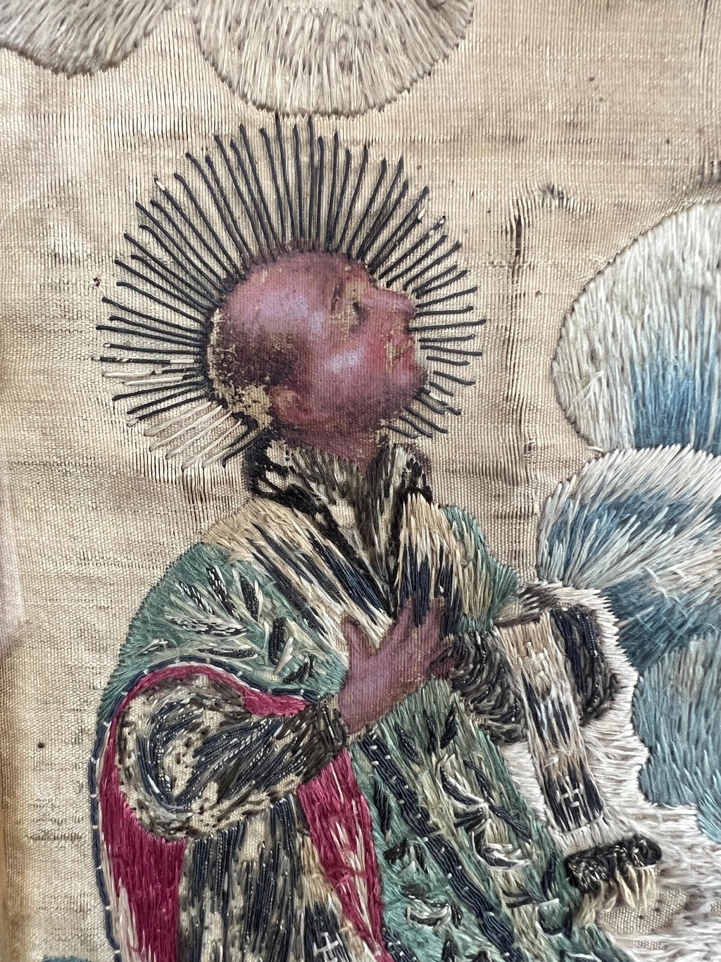 Antique 18th Century Silkwork Embroidery Needlework Circa 1740 Luxury Religious Gift Catholic