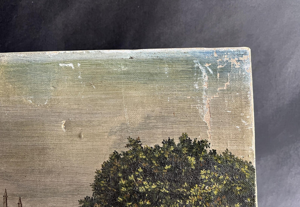 Antique Cornish Church Painting Naïve Folk Art Oil on Canvas 1899