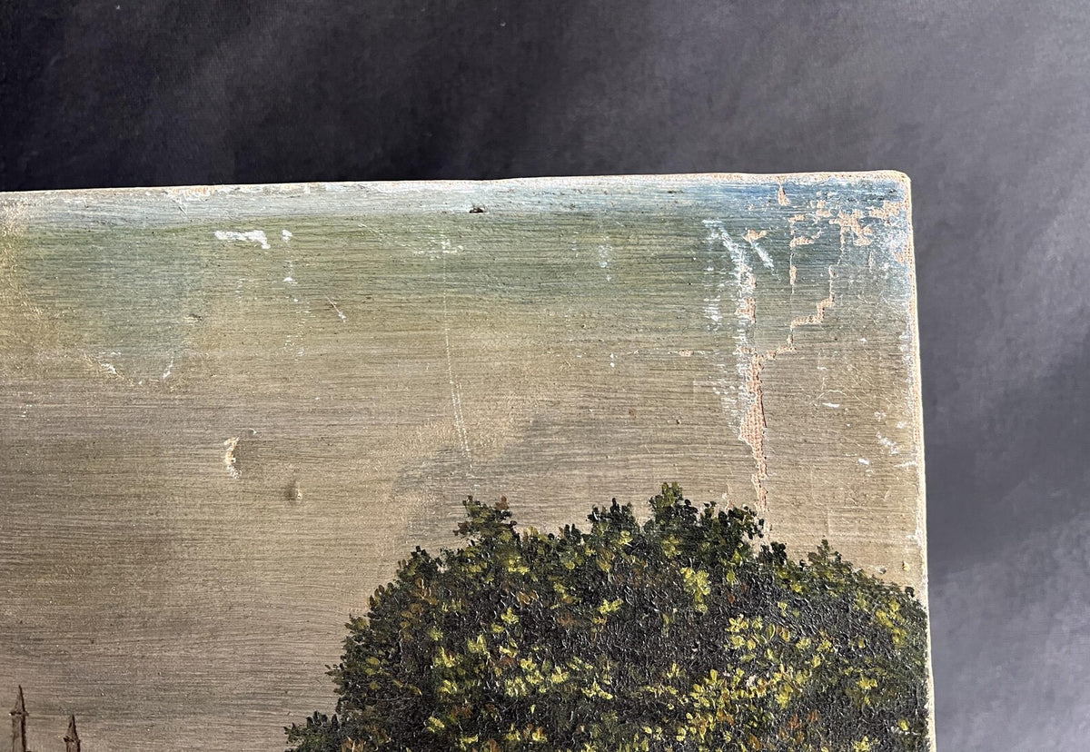 Antique Cornish Church Painting Naïve Folk Art Oil on Canvas 1899