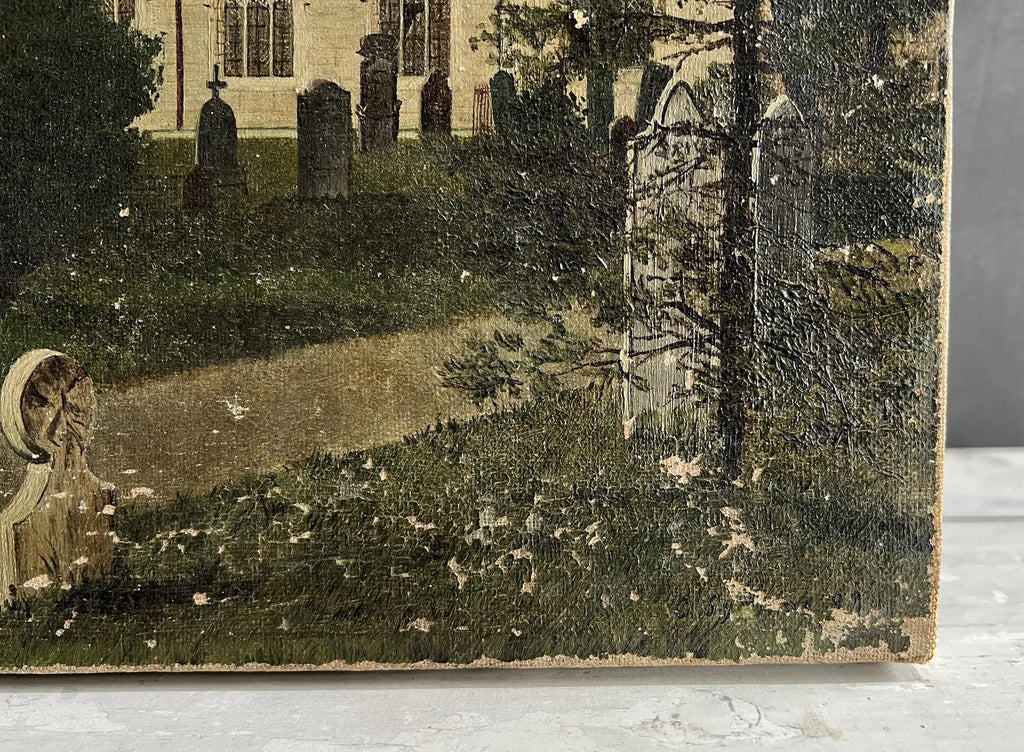 Antique Cornish Church Painting Naïve Folk Art Oil on Canvas 1899
