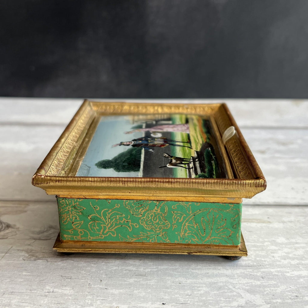 Antique Georgian Bonbon Box Hand Coloured Couple & Dog Scene C 1820