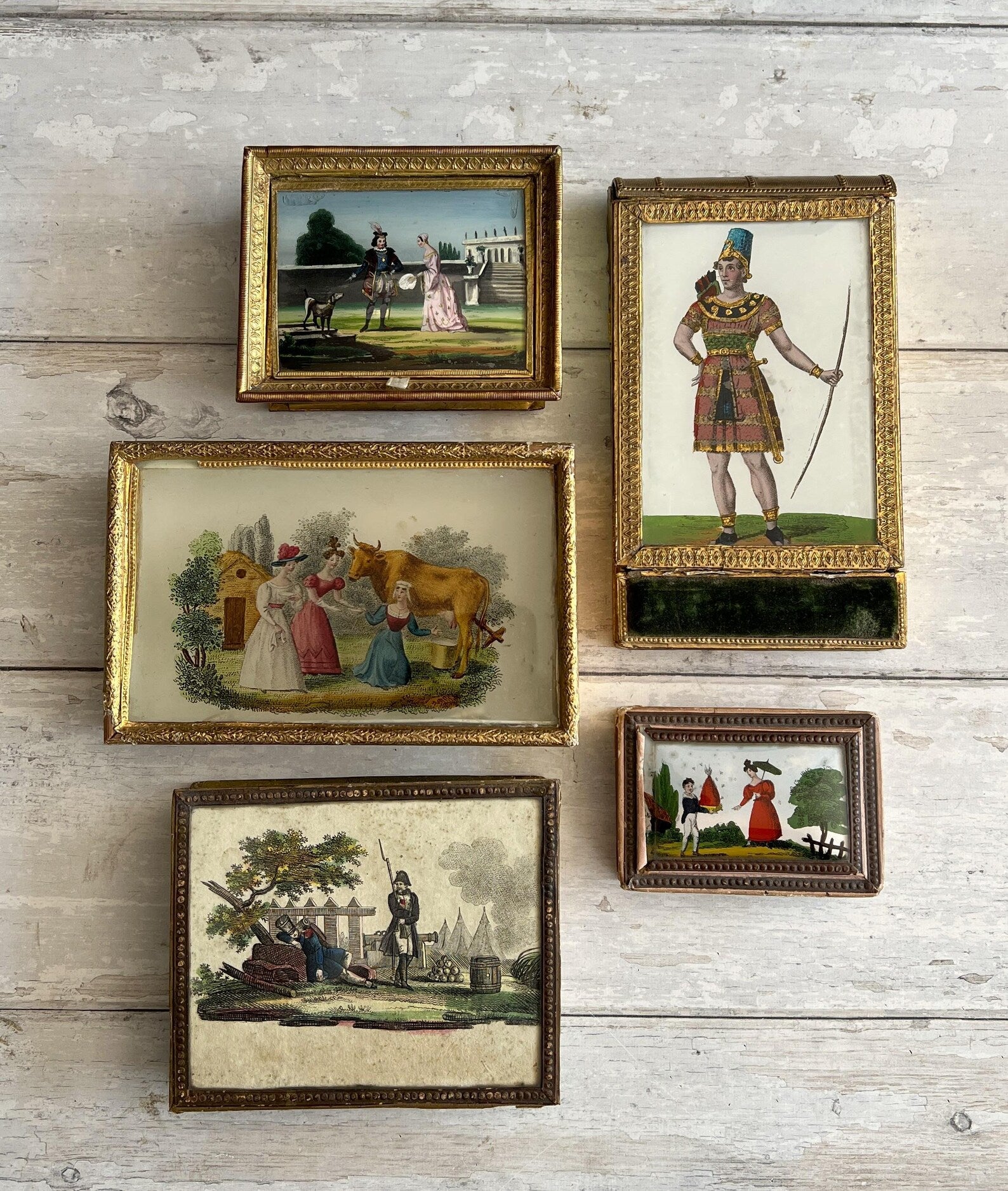 Antique Georgian Bonbon Box Hand Coloured Couple & Dog Scene C 1820