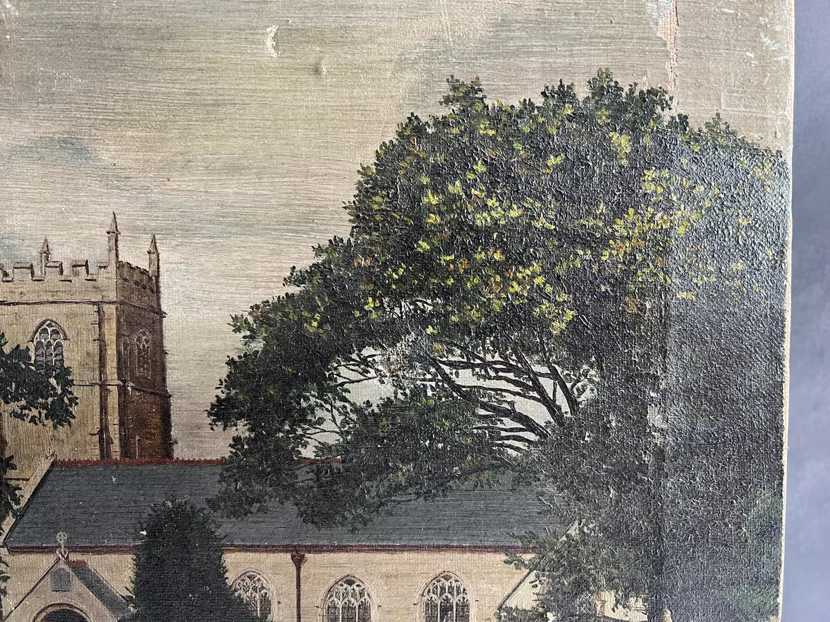 Antique Cornish Church Painting Naïve Folk Art Oil on Canvas 1899