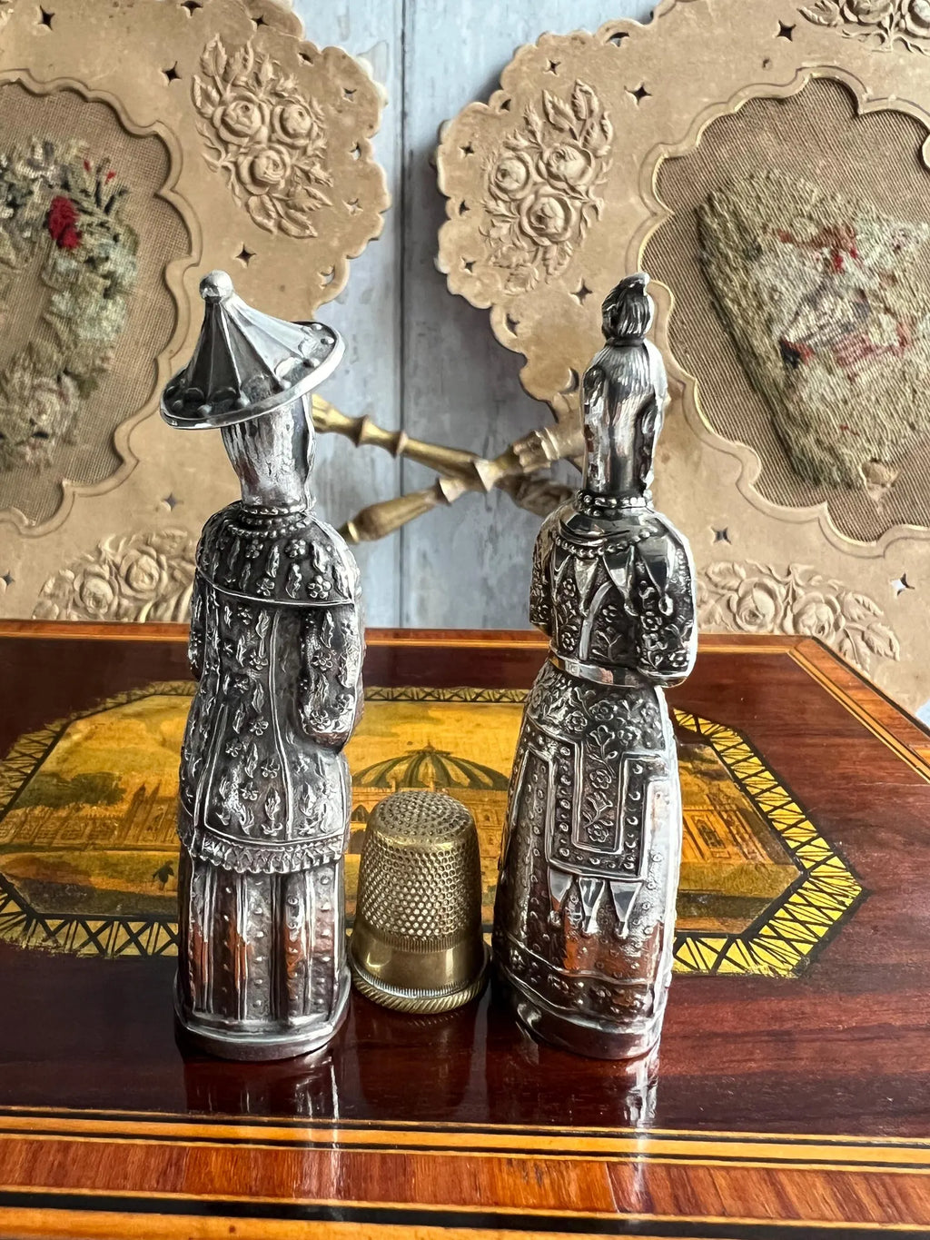 Antique Pair Georgian Needle Cases Sterling Silver Figural Sewing Bodkin Case Chinoiserie Circa 1820