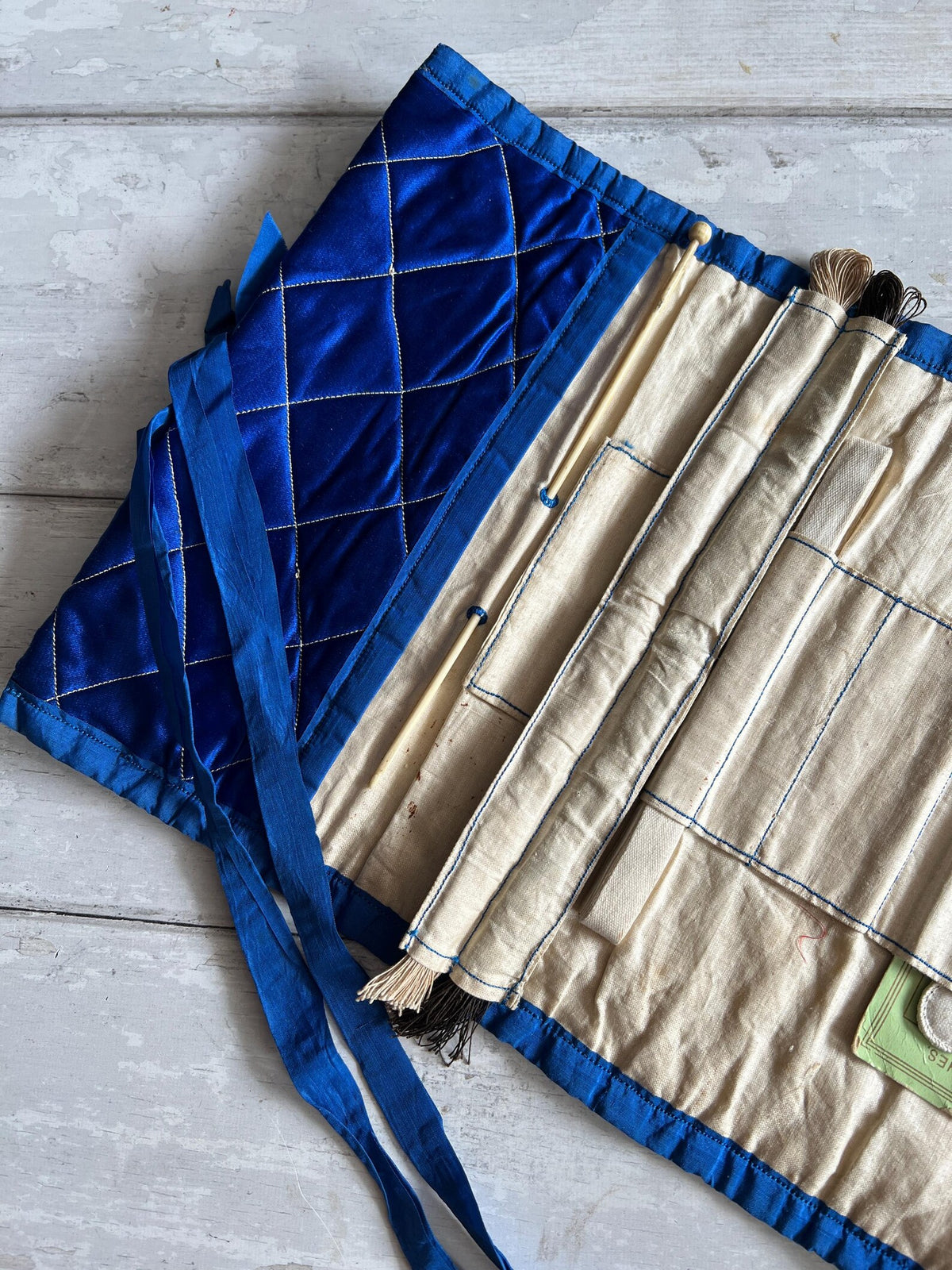 Victorian Sewing Roll Huusif Sewing Tool Roll-Up C 1890 Large Blue Silk Satin