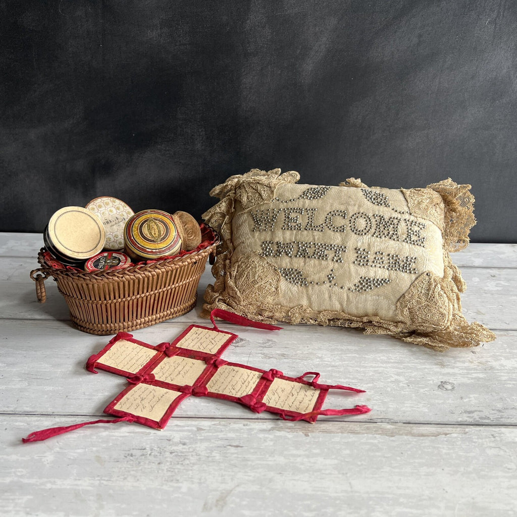 Antique Layette Pincushion Welcome Sweet Babe Silk Pillow English C 1850