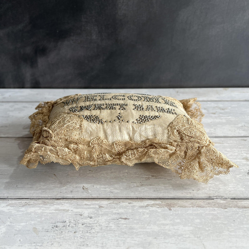 Antique Layette Pincushion Welcome Sweet Babe Silk Pillow English C 1850