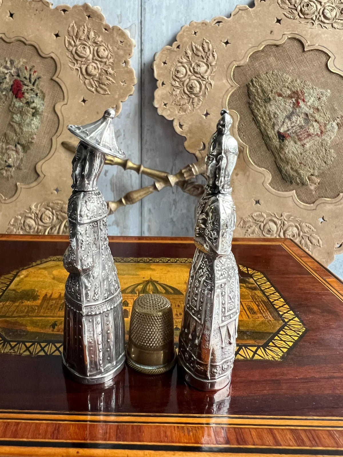 Antique Pair Georgian Needle Cases Sterling Silver Figural Sewing Bodkin Case Chinoiserie Circa 1820