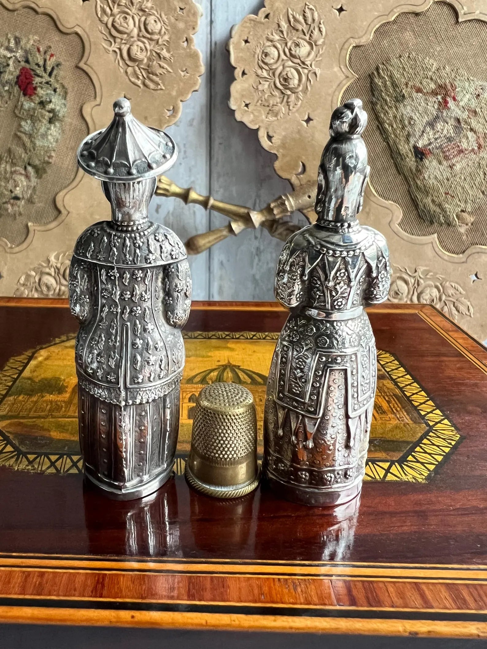 Antique Pair Georgian Needle Cases Sterling Silver Figural Sewing Bodkin Case Chinoiserie Circa 1820
