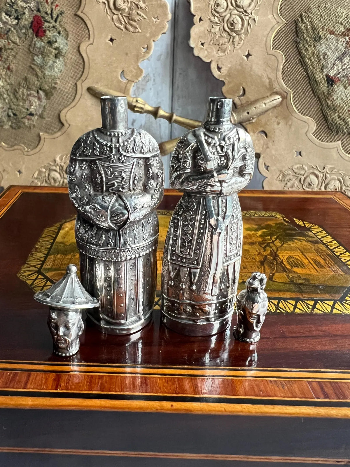 Antique Pair Georgian Needle Cases Sterling Silver Figural Sewing Bodkin Case Chinoiserie Circa 1820