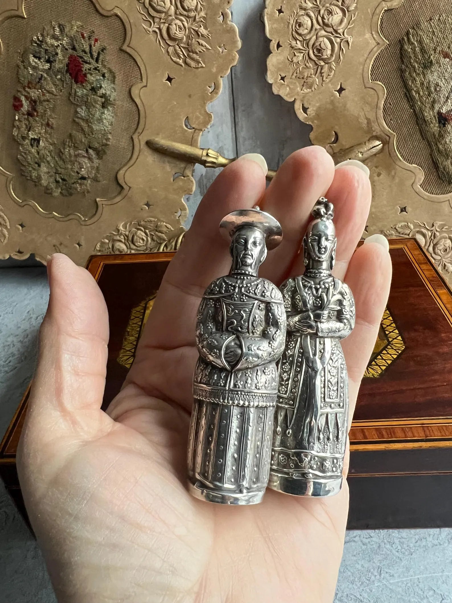 Antique Pair Georgian Needle Cases Sterling Silver Figural Sewing Bodkin Case Chinoiserie Circa 1820