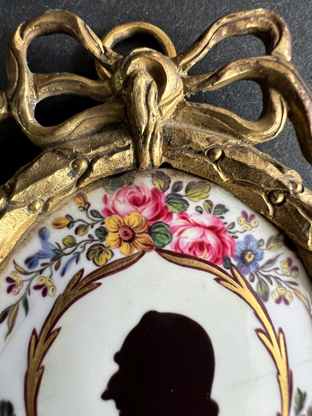 18th Century Enamel Silhouette Portrait, Gilt Ormolu Frame (Dolls House Size)