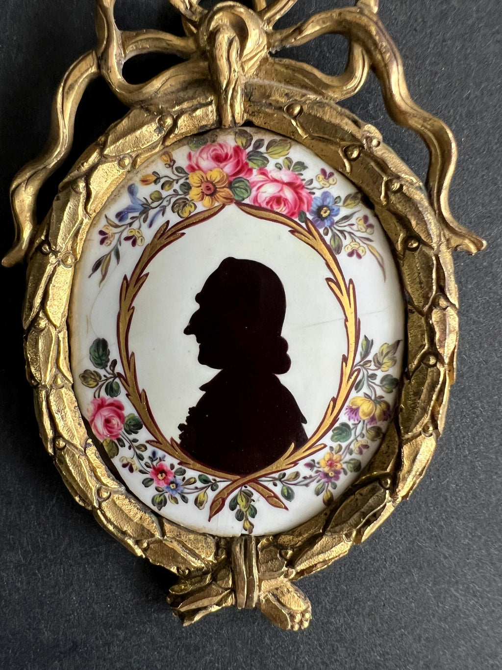 18th Century Enamel Silhouette Portrait, Gilt Ormolu Frame (Dolls House Size)