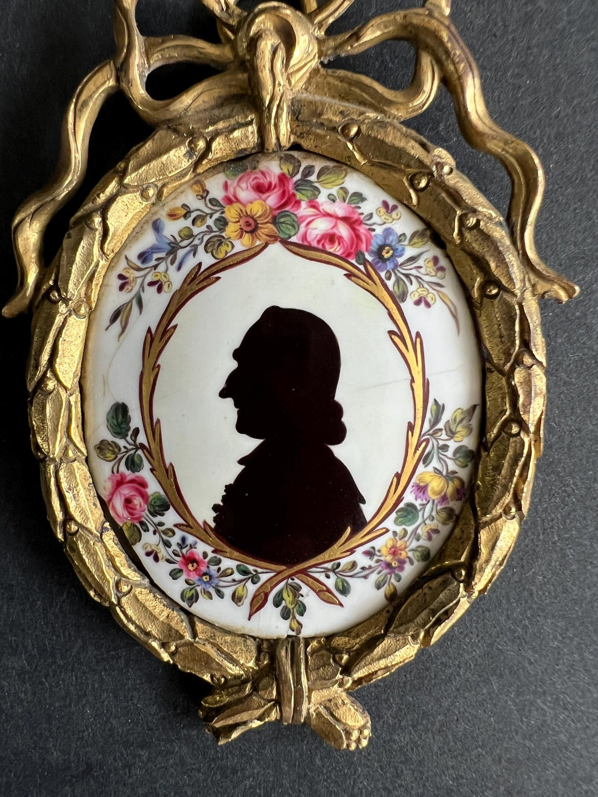 18th Century Enamel Silhouette Portrait, Gilt Ormolu Frame (Dolls House Size)