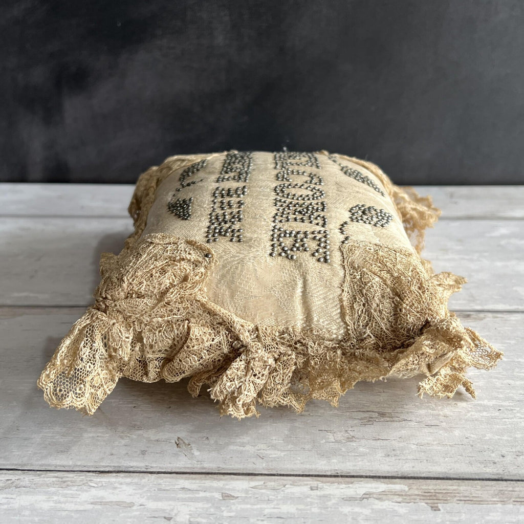 Antique Layette Pincushion Welcome Sweet Babe Silk Pillow English C 1850
