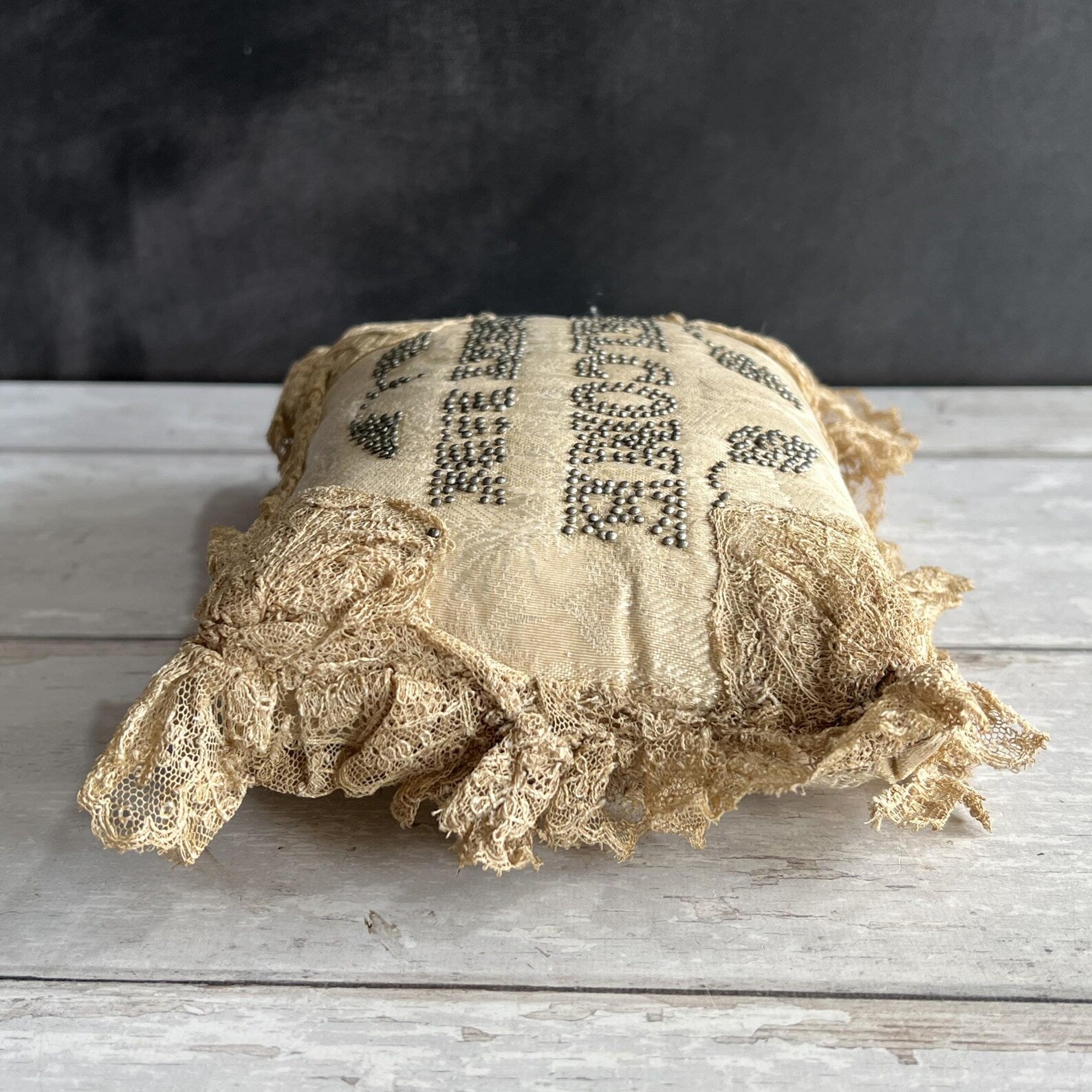Antique Layette Pincushion Welcome Sweet Babe Silk Pillow English C 1850