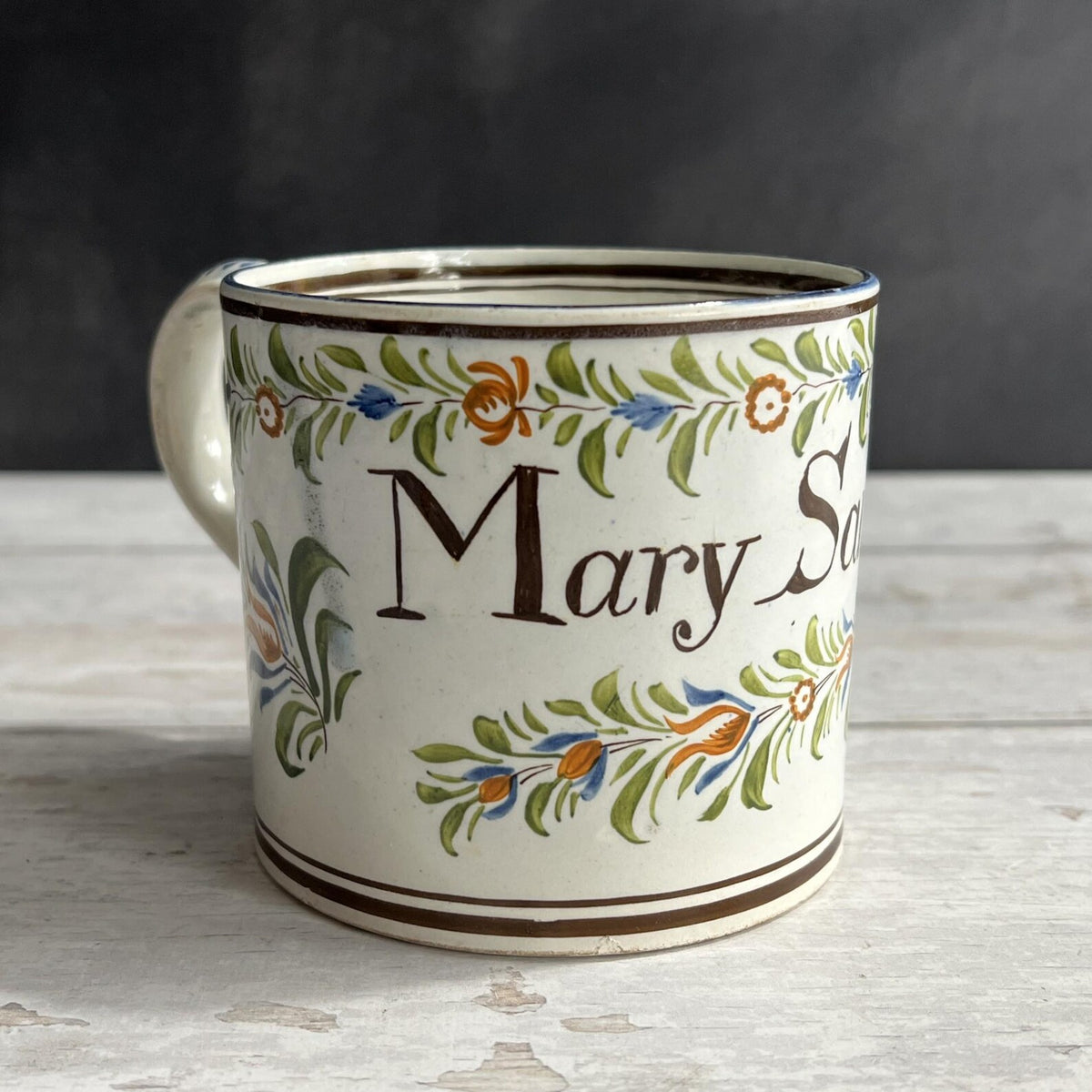 RARE 19th Century MARY Mug English Pearlware Pratt Ware Colours Circa 1810