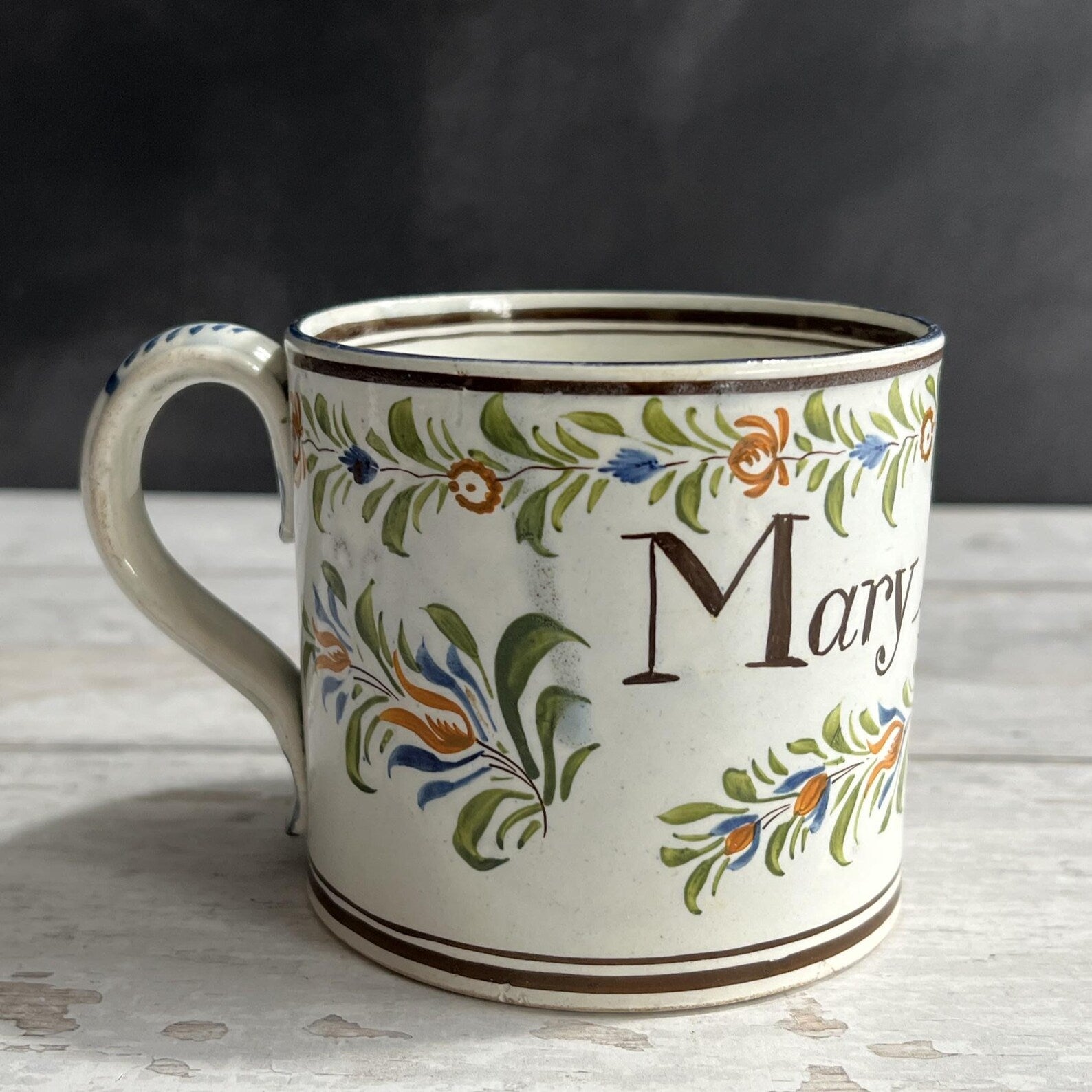 RARE 19th Century MARY Mug English Pearlware Pratt Ware Colours Circa 1810